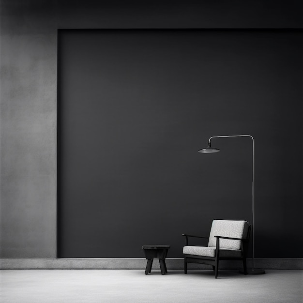a chair and a lamp in a black and white photo
