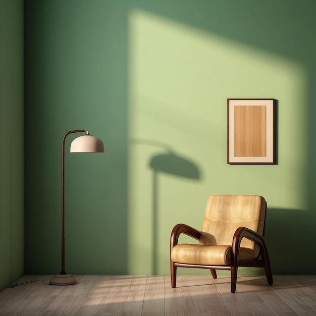 a chair and a lamp in a room with a green wall.