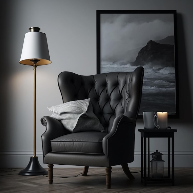 Chair in a lounge with a stand lights