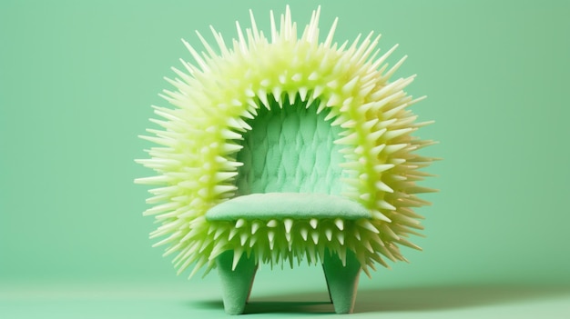 A chair made out of spikes on a green surface ai