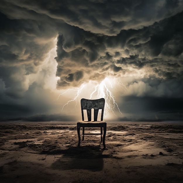 Chair in the middle of a lightning storm in the air