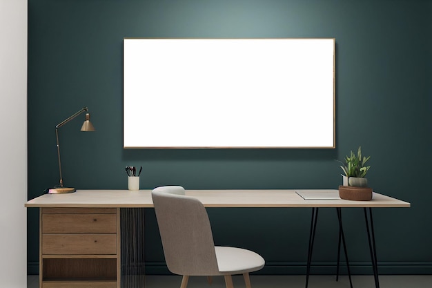 Chair near work desk at home with empty frame with copy space mockup Home office desk with dark green wall and white table mock up Modern coworking office with empty white poster