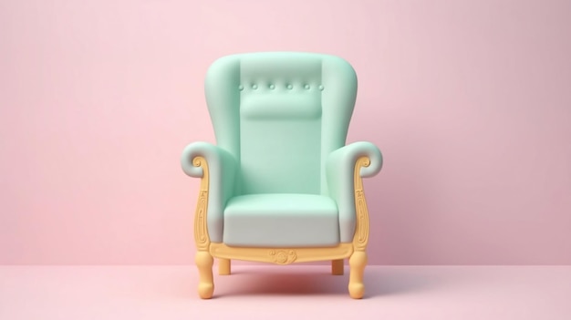 A chair in a pink room with a blue chair on the left side.