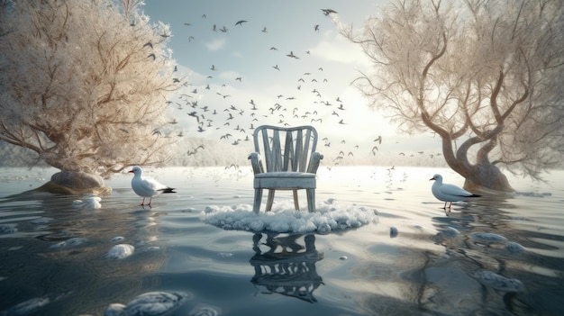 A chair in a pond with birds flying around