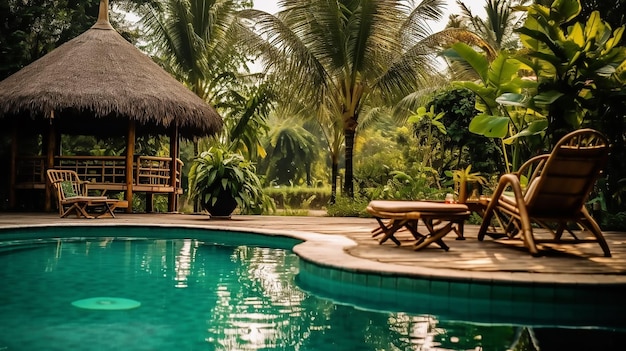 Chair pool and umbrella around swimming pool