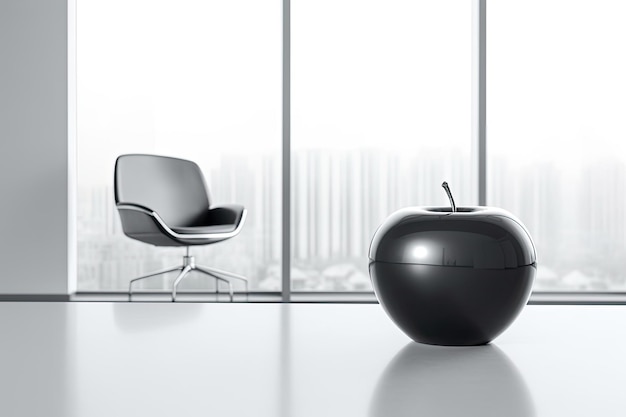 A chair in a room with a large black apple on the table.