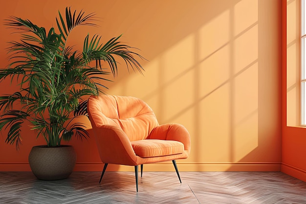 A chair in a room with orange walls and a potted plant