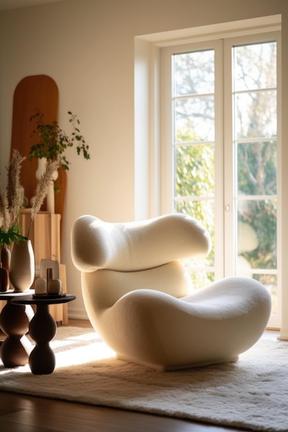 A chair in a room with a table and a plant on the window