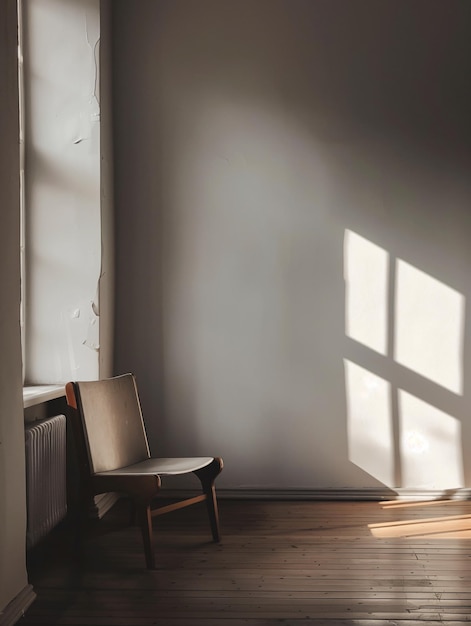 a chair in a room with a window and a chair in the corner