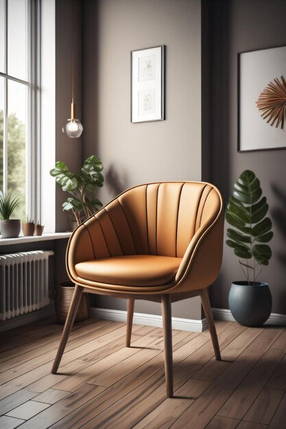 A chair in a room with a window and a plant on the wall