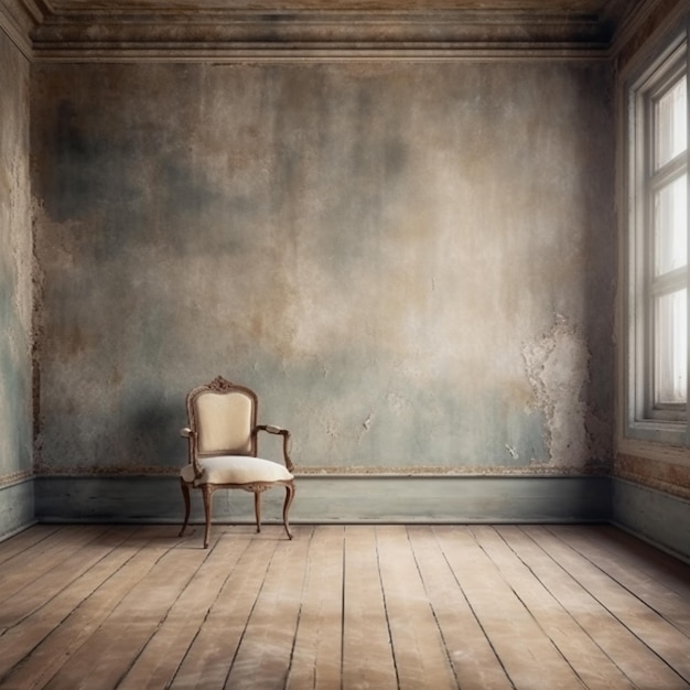 A chair in a room with a window that says'the word " on it