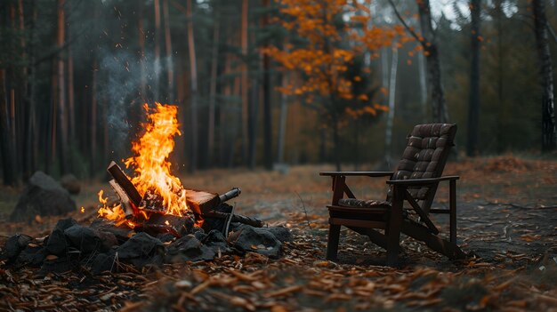 A chair sits next to a fire in the woods