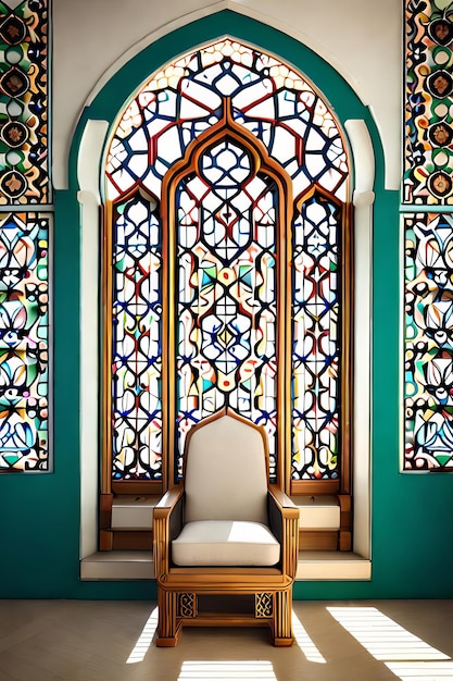 A chair sits in front of a stained glass window.