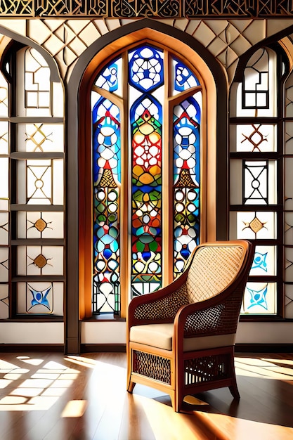 A chair sits in front of a stained glass window.