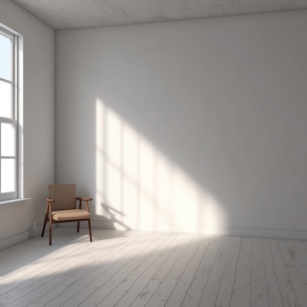 a chair sits in a room with a chair in front of a window.