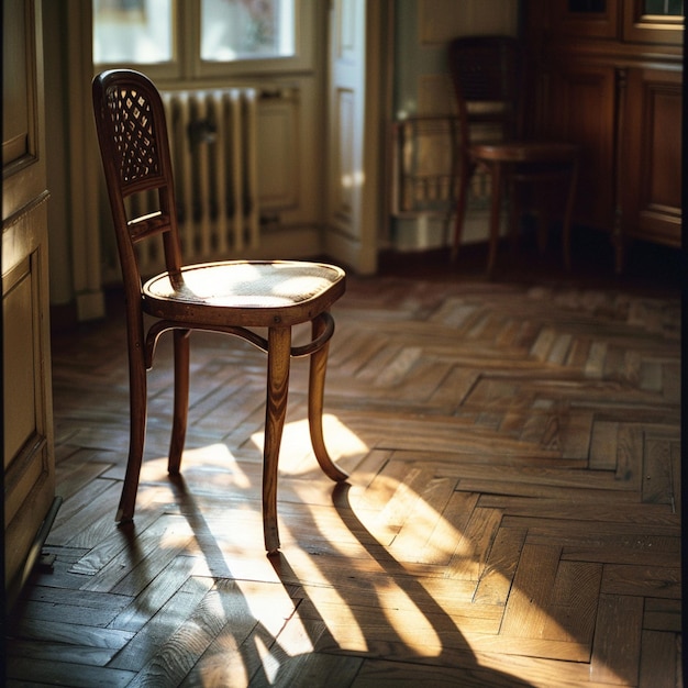 a chair sits in a room with a window and a window in the background