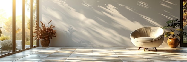 シンプルな部屋の窓の隣のタイル付きの床に椅子が座っている