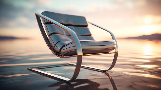 a chair sits in the water with the sunset in the background.