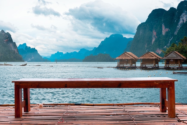 Chair for sitting relax on the bamboo raft with homestay rafting on the lake  