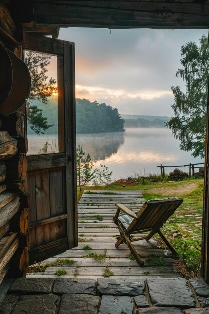 Photo a chair sitting on a stone patio next to a door suitable for home decor concepts