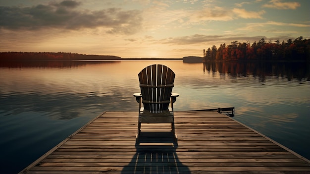 A chair sitting on a wooden deck next to a body of water