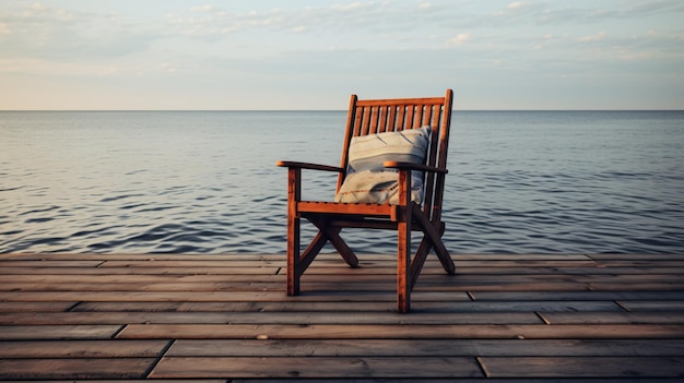 A chair sitting on a wooden deck next to a body of water