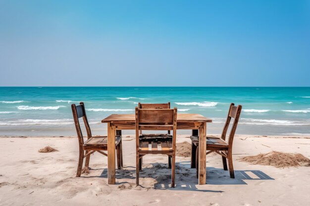 Chair and table dinning on the beach and sea with blue sky photography