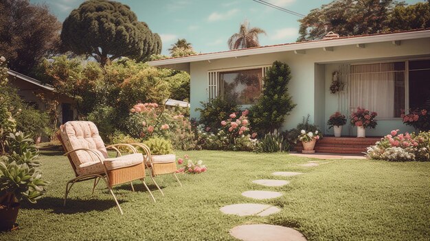 a chair and a table in front of a house garden lawn