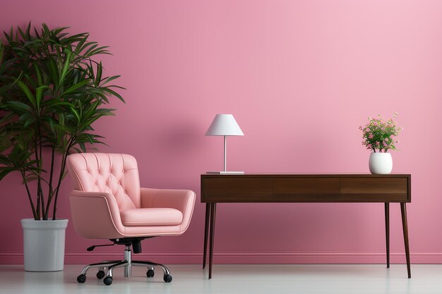 Chair and table in pink workspace