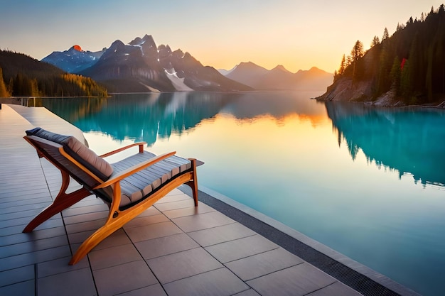 A chair on a terrace overlooking a mountain lake