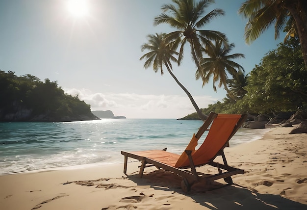 стул, который находится снаружи на пляже с пальмой на заднем плане