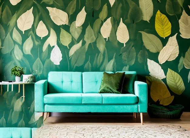 chair and turquoise sofa in green living