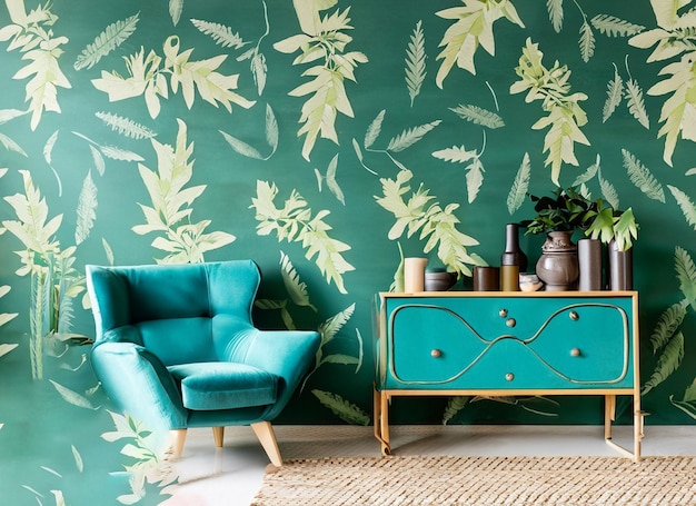 chair and turquoise sofa in green living