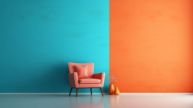 Photo a chair and vase in front of a blue and orange wall