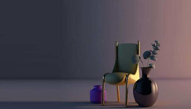 A chair and a vase with a plant on it