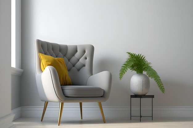 A chair in a white room with a plant on the table next to it.