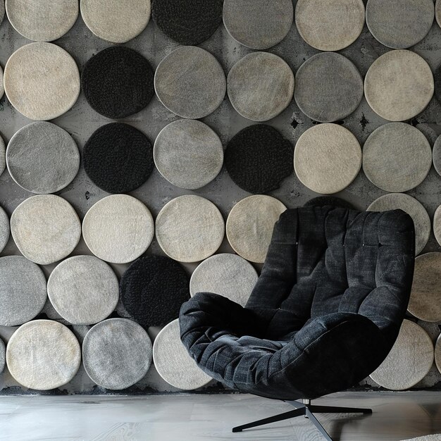 Photo a chair with a black cushion sits in front of a wall with many circles