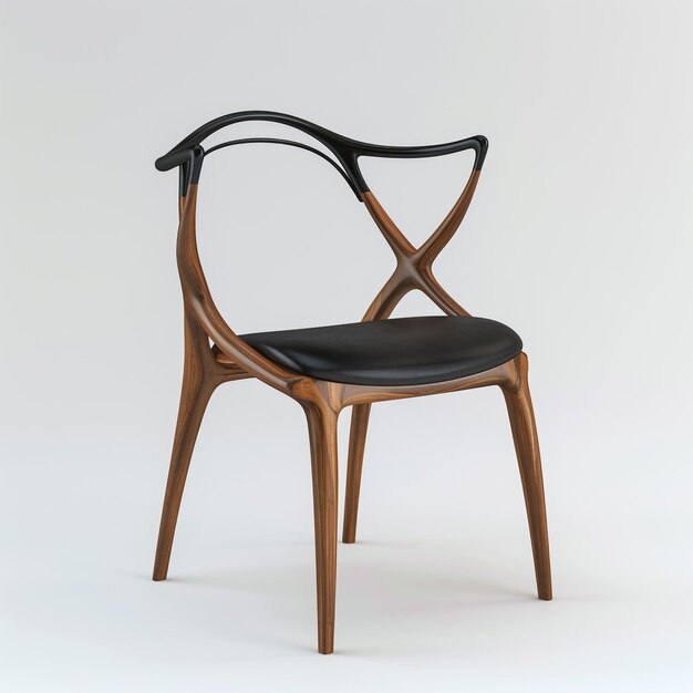 a chair with a black seat and the back is made of wood