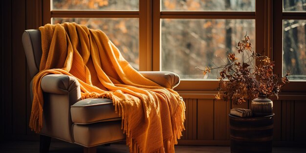 A chair with a blanket on it next to a window