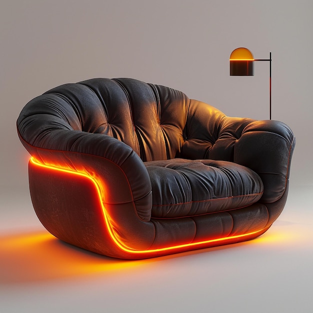 a chair with a bright orange light on it and a lamp on the floor