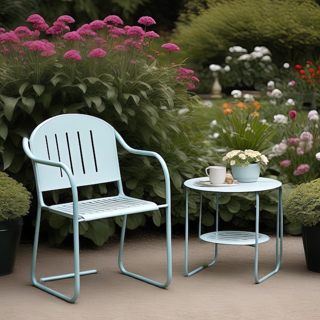 chair with flowers in front of a wooden tablegarden chair with flowers and plants