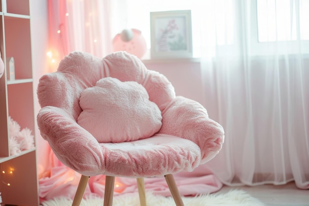 写真 小さな女の子の部屋で ふわふわした雲の形のクッションを持つ椅子 生成的なai