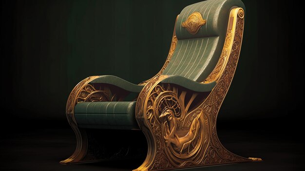 a chair with a gold design on the back.