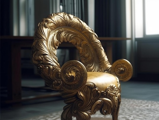 A chair with a gold leaf design
