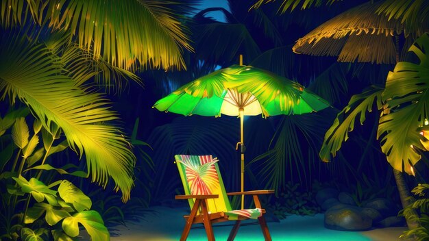 A chair with a green and yellow umbrella is in front of a tropical forest.