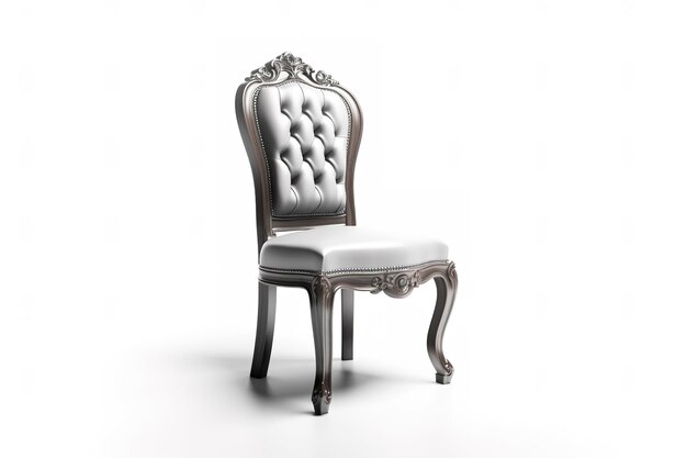 A chair with a leather seat and a scrolled back sits in front of a white background.