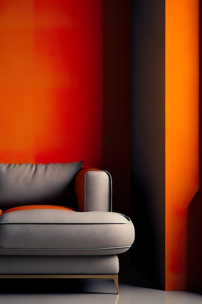 A chair with a pillow on it sits in front of a orange wall