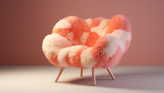 a chair with a pink fur is placed on an orange background