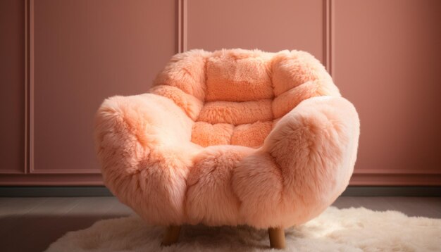 a chair with a pink fur is placed on an orange background