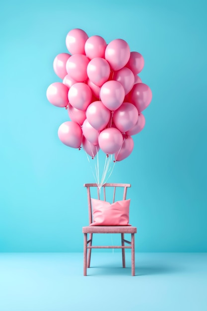 Chair with pink pillow and bunch of pink balloons on it Generative AI